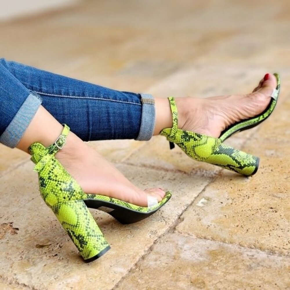 Neon Snakeskin Chunky Heel Sandals Women's Ankle Strap Open Round Toe Padded - Picture 3 of 6